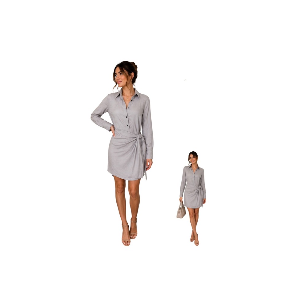 Proenza Schouler White Label Linen Blend Wrap Shirt Dress Grey WL2023036 New